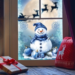 Detailed watercolor snowman window sticker with blue scarf and festive snowflake accents