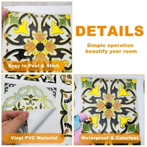 Macro details of self-adhesive gold mandala tile stickers with waterproof PVC surface