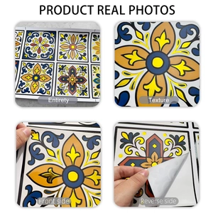 Macro detail of 12-piece gold mandala tile stickers with self-adhesive backing