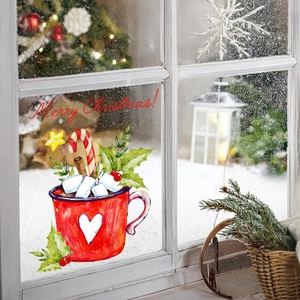 Detail of Christmas window sticker featuring a hand-painted festive red mug and candy canes