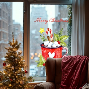 Cozy watercolor Christmas window cling featuring a red mug of hot cocoa with festive holiday decor