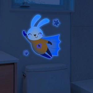 Luminous blue superman rabbit wall sticker glowing in dark bedroom or bathroom decor