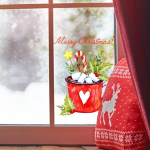 Christmas window decal showing a cozy watercolor mug with candy canes and winter snow view