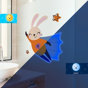 Luminous superhero rabbit wall sticker showing daytime look and night glow effect