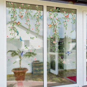 Adesivi per Finestre a Forma di Ramo di Fiori e Uccelli in PVC Statico Impermeabile Orecchini a Bottone Bifacciali per Decorazione Casa Soggiorno Camera da Letto