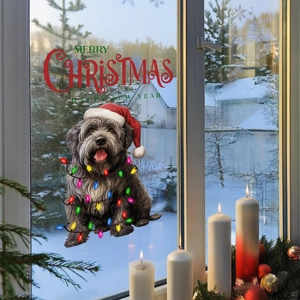 Christmas window cling featuring a cute grey sheepdog with festive lights and holiday text