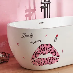 Beauty is power wall decals featuring pink leopard lips and lipstick on a white bathtub
