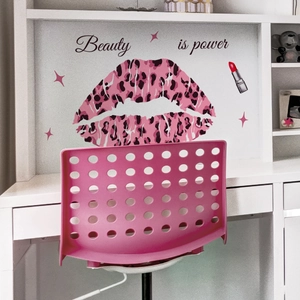 Beauty is Power wall decal with pink leopard lip pattern and red lipstick accent