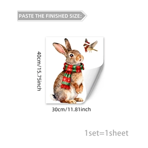 Detail of 30x40cm Christmas window sticker featuring watercolor rabbit and bird design