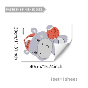 Luminous cartoon hippo wall sticker with 30x40cm dimensions and basketball theme