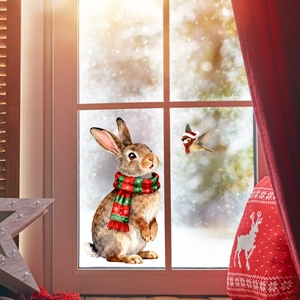 Detailed watercolor illustration of a Christmas bunny and bird static window stickers