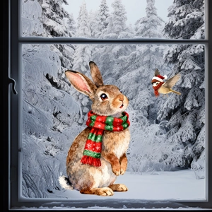 Detailed watercolor Christmas window sticker featuring a rabbit with scarf on glass