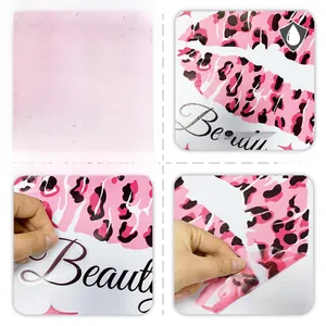 Detail view of waterproof pink leopard print lips wall sticker with Beauty text