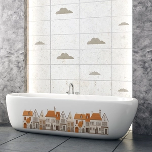 Noorse cartoon huis en wolken muurstickers voor huisdecoratie in een moderne badkamer