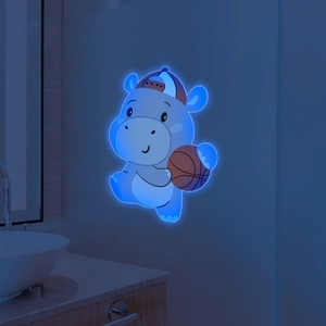 Luminous blue hippo wall sticker showing a glowing cartoon hippo with a basketball
