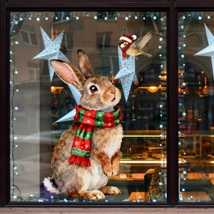 Christmas window stickers featuring cute watercolor rabbit, bird and stars decorations