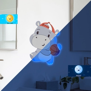 Luminous hippo with basketball wall sticker showing daytime and night glowing blue effect