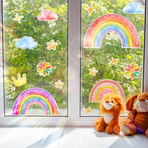 Rainbow and clouds window film set with colorful sun and stars static cling decals