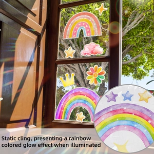 Detail of static cling window stickers showing rainbow refraction effect on glass
