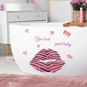 Pink lips wall sticker set with hearts and You look great today text on bathroom wall
