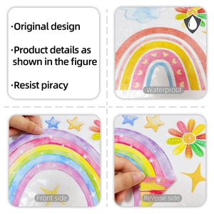 Waterproof rainbow and cloud window film showing front and back decorative details