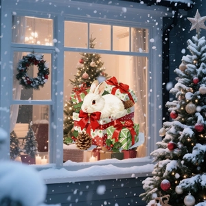 Detailed view of Christmas window sticker featuring a cute rabbit in a festive gift box