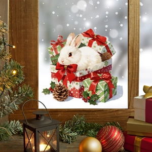 Cozy watercolor rabbit Christmas window sticker with pine cones and gift boxes detail