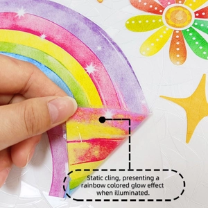 Macro detail of rainbow sun and star static cling window decals being applied by hand