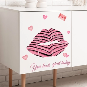 Pink striped lips wall decals with You look great today quote on white cabinet