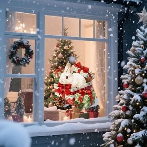 Christmas window sticker featuring a cute white rabbit in a gift box with pine cones
