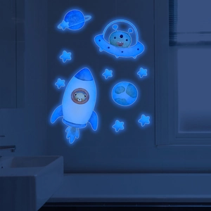 Luminous blue glow space wall stickers with cartoon bears, rockets and planets in the dark