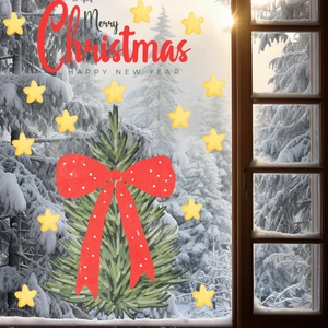 Detailed Christmas window sticker featuring a festive green tree with red polka dot bow