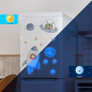 Glow-in-the-dark space wall stickers with bear rocket and UFO in day and night views