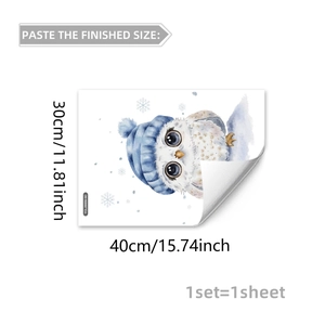 Detail view of cartoon owl wall sticker with blue winter hat, measuring 30x40cm size