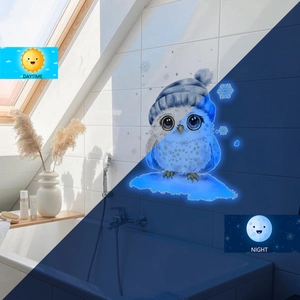 Glow-in-the-dark owl wall sticker showing daytime color and blue luminous night effect