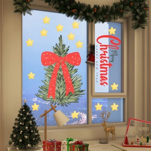 Detailed Christmas window decals featuring a decorated green tree and Merry Christmas text
