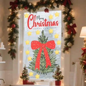 Detailed Christmas window stickers featuring a green leaf tree and red polka dot bow