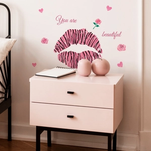 Close-up of pink lips wall sticker with You are beautiful quote and rose heart decals