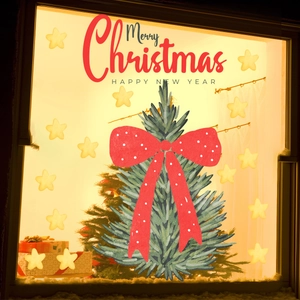 Cartoon Christmas tree window sticker with red bow and glowing stars for home decor