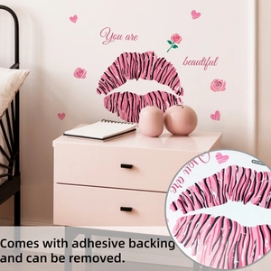 Pink zebra print lip wall sticker with You are beautiful quote and rose motifs