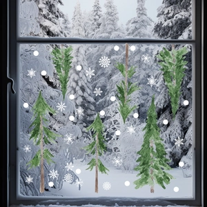 Detailed watercolor Christmas tree and snowflake static window clings set for winter decor