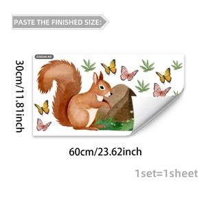 Detailed sheet showing watercolor squirrel and butterfly window stickers with 30x60cm dimensions