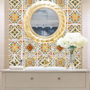 Vintage mandala tile stickers with gold floral patterns for living room wall decoration