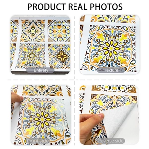 Macro detail of textured gold mandala tile stickers with peel and stick adhesive backing