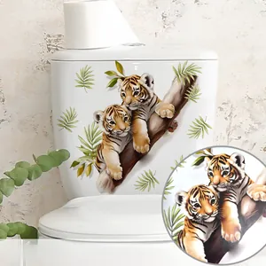 Detailed view of cute tiger stickers on tree branch for bathroom toilet tank decoration