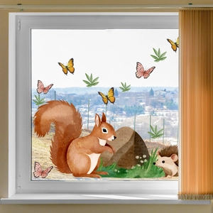 Autumn static window clings featuring watercolor squirrel, hedgehog and leaves décor