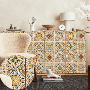 Macro detail of mandala pattern tile stickers on white cabinet with gold accents