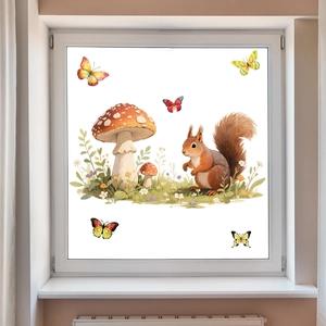 Autumn forest window stickers featuring squirrels, mushrooms, and colorful butterflies