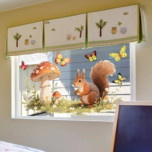 Detailed watercolor squirrel and mushroom window decal on glass with floral curtains