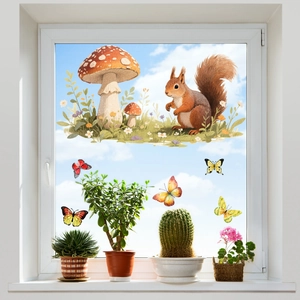 Autumn window static stickers featuring a red squirrel, mushrooms, and colorful butterflies